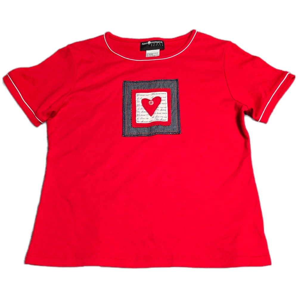 Vintage Sag Harbor Sport Petite Heart Patch Top Women's Size Mp Red Short Sleeve